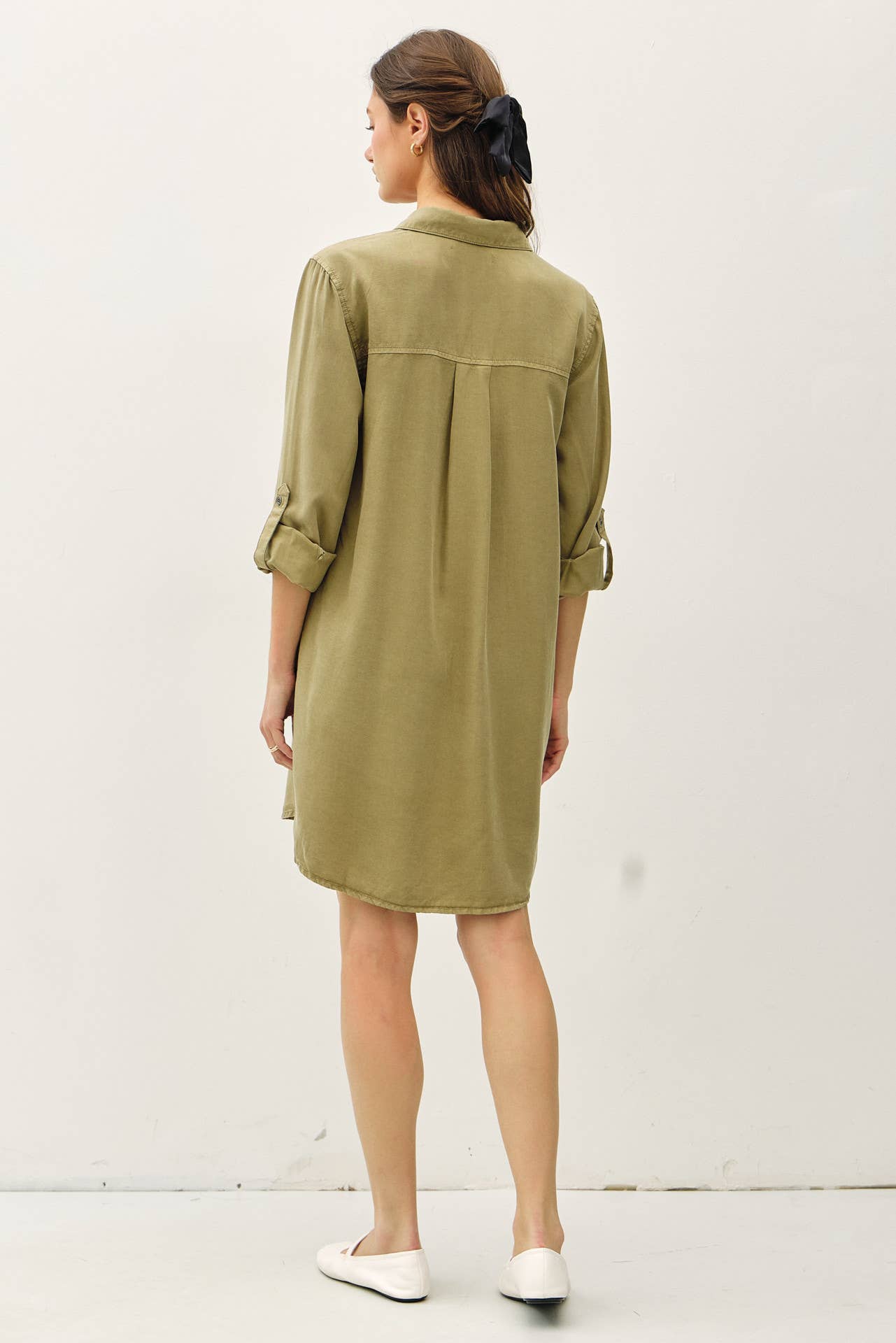 Tencel Roll Sleeve High Low Shirt Dress