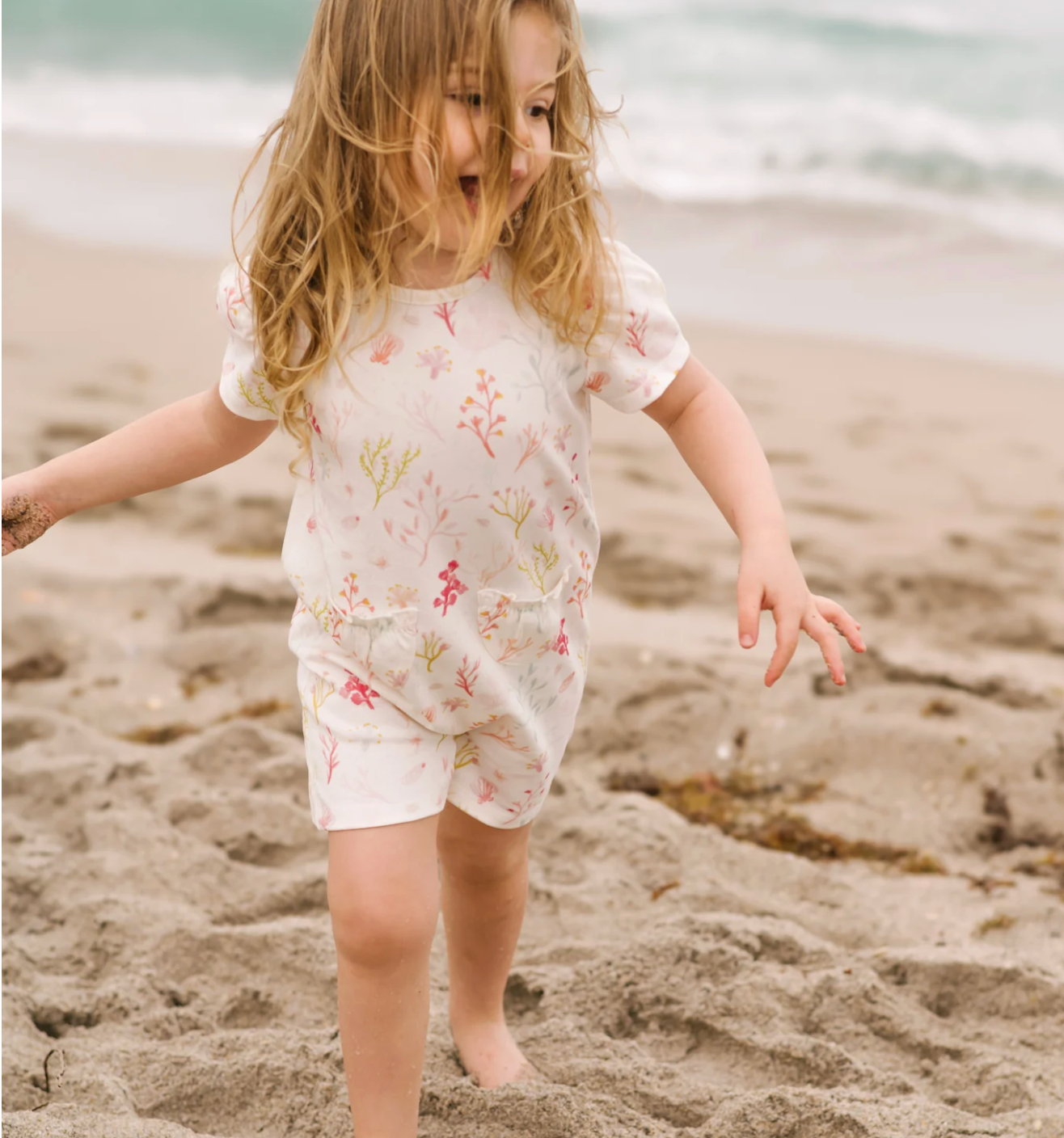 Short Sleeve Puff Romper - Sea Bloom