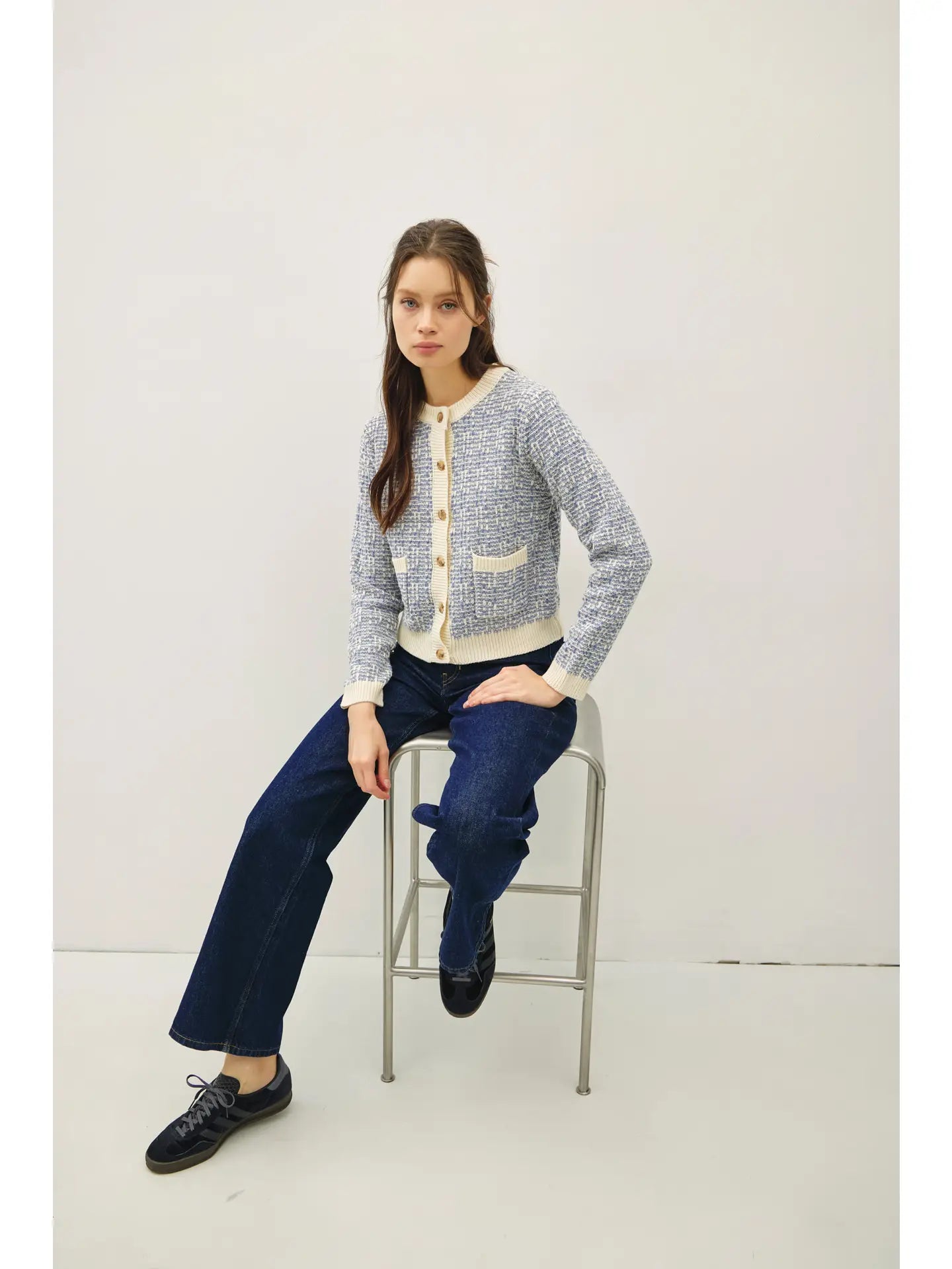 Tweed Knit Crewneck Cardigan