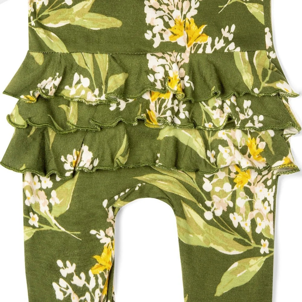 Green Floral Bamboo Ruffle Zipper Footed Romper