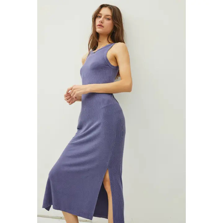 Ribbed Knit Side Slit Sleeveless Tank Midi Dress