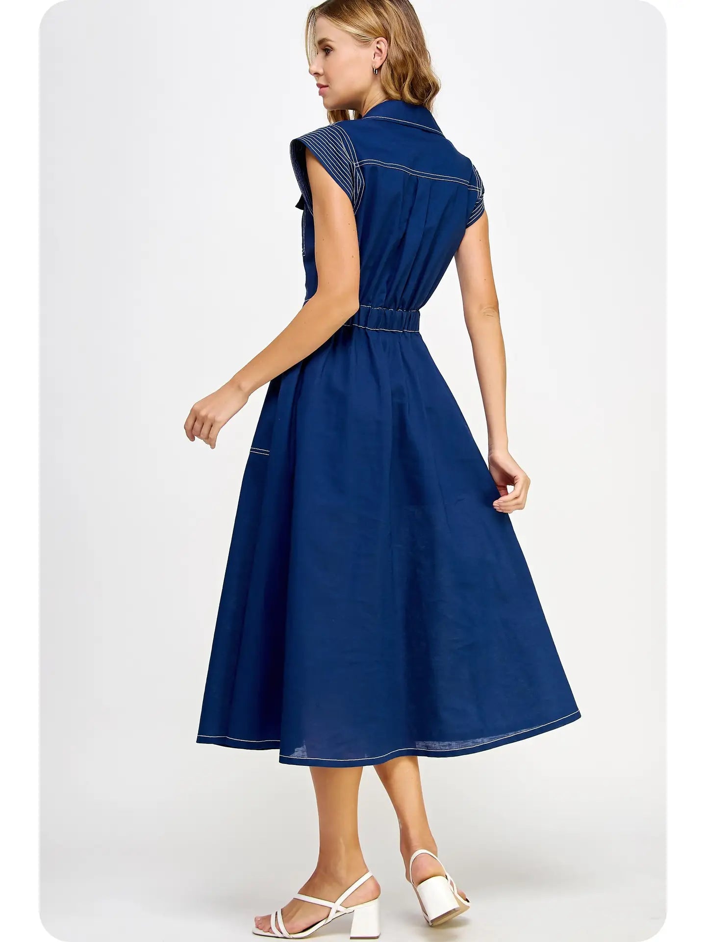 Top-Stitch Linen Midi Dress