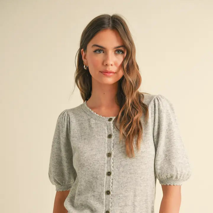 Puff Short Sleeve Buttondown Knit Cardigan