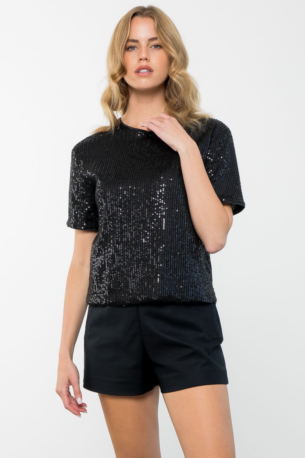 Black Short Sleeve Sequin Top