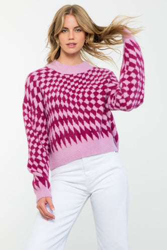 Lilac & Magenta Trippy Checker Sweater