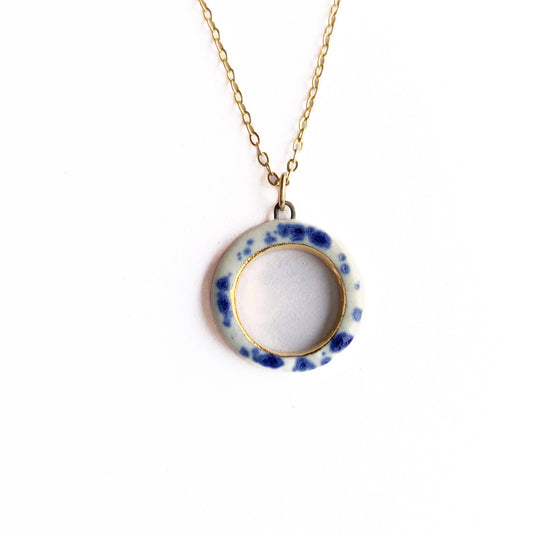 Open Circle Necklace Blue Speckle + Gold