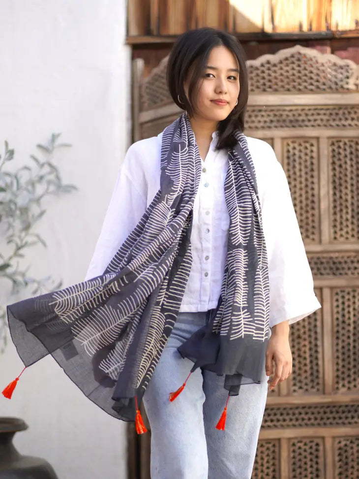 Navy Serene Tassel Cotton Scarf