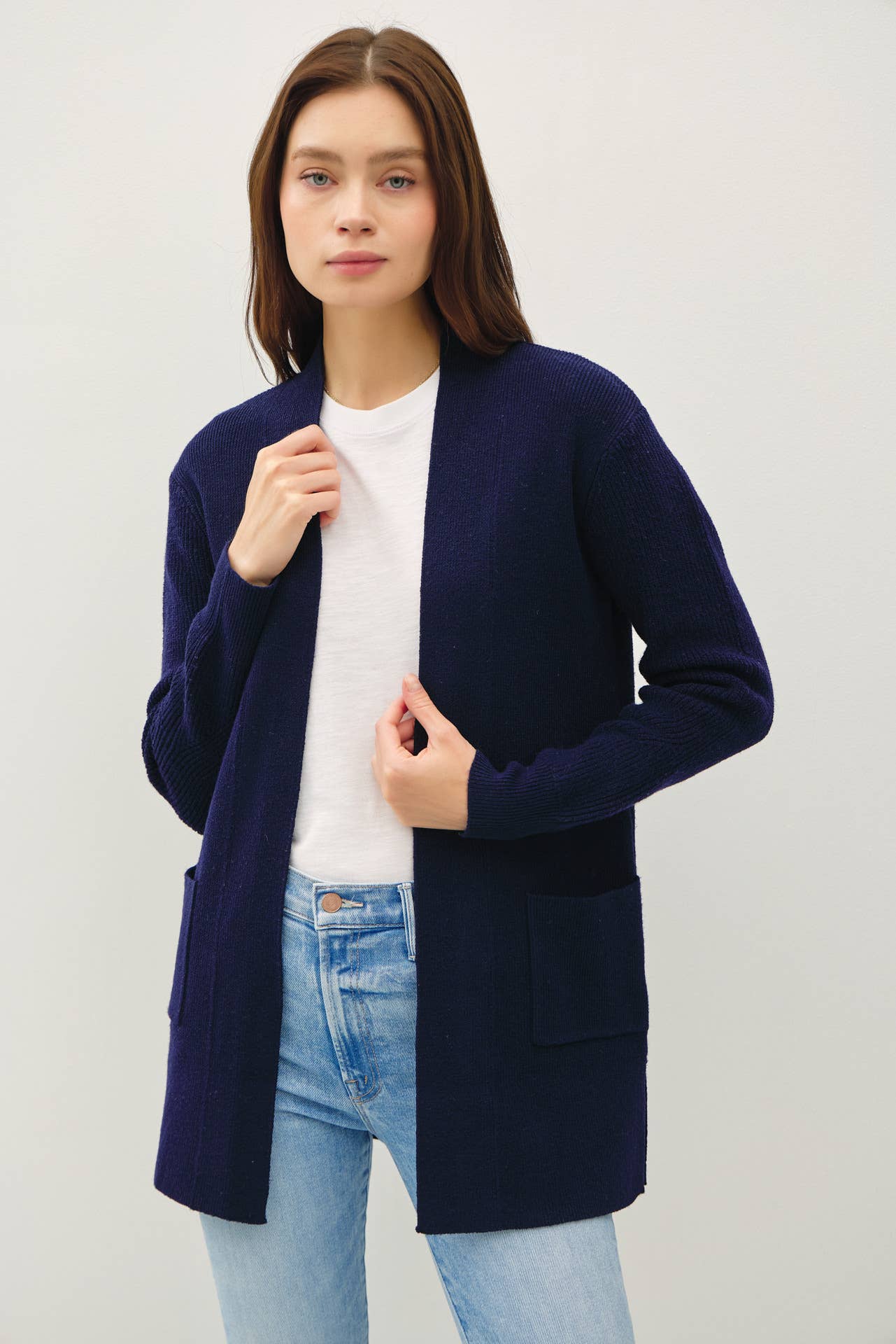 Ribbed Basic Navy Open Cardigan