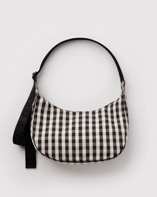 Black and Cream Gingham Medium Crescent Baggu