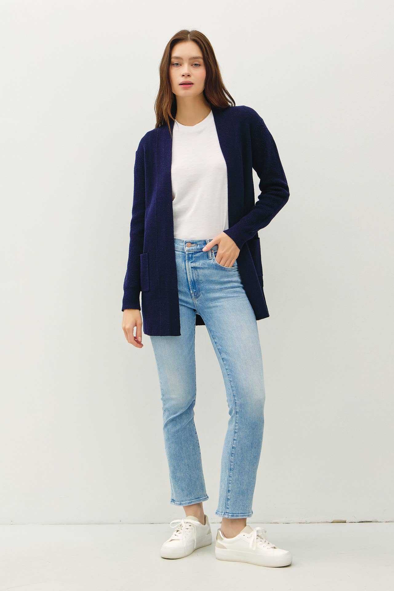 Ribbed Basic Navy Open Cardigan