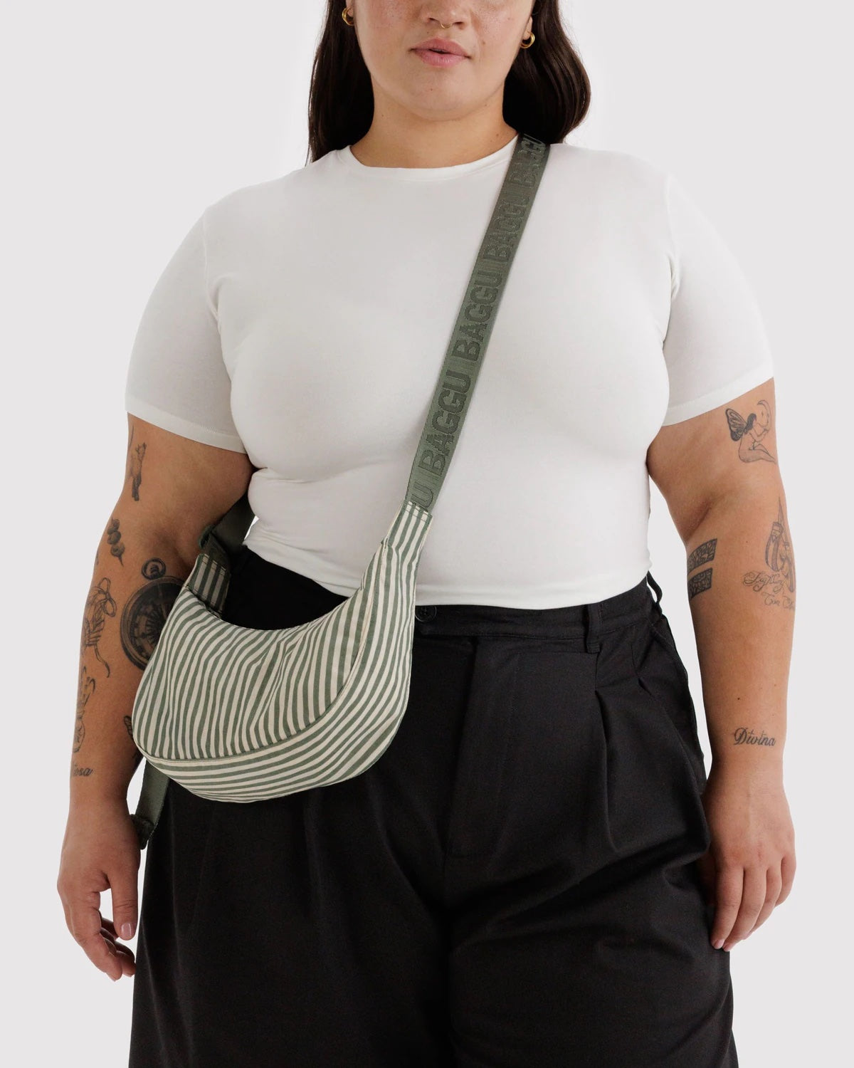Sage Stripe Small Crescent Baggu