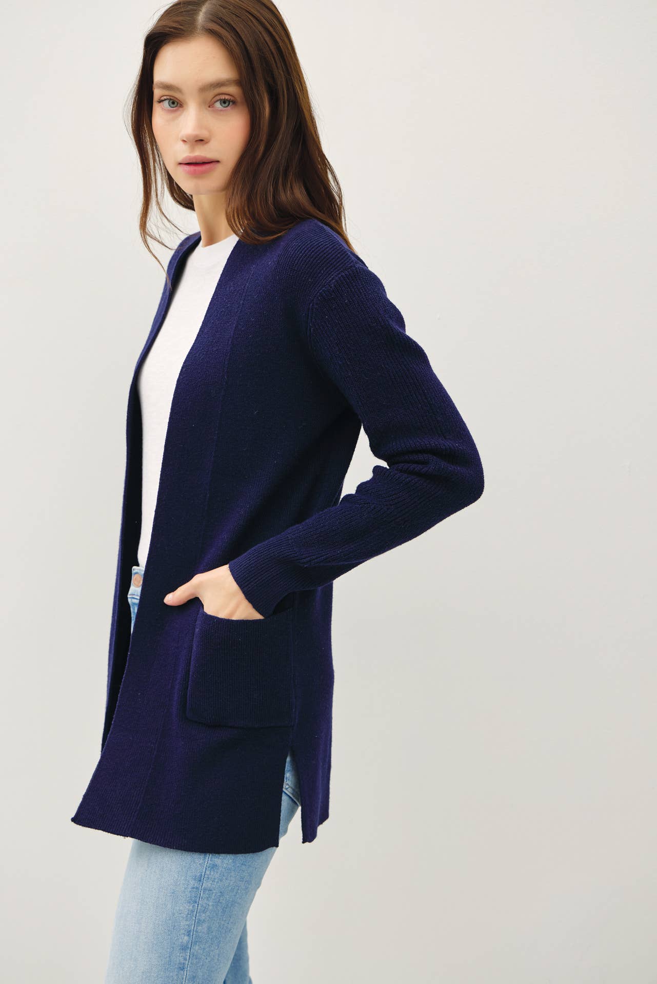 Ribbed Basic Navy Open Cardigan