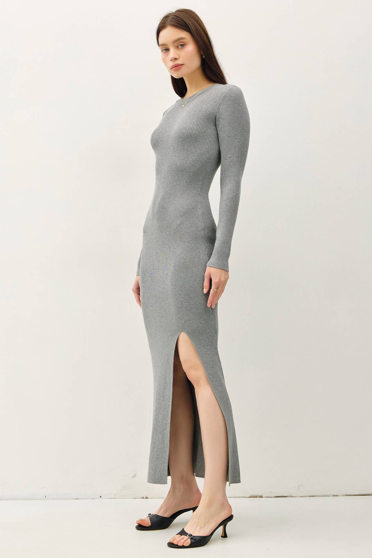 Long Sleeve Round Neck Maxi Sweater Dress L / H. Grey Long Sleeve Round Neck Maxi Sweater Dress L / H. Grey