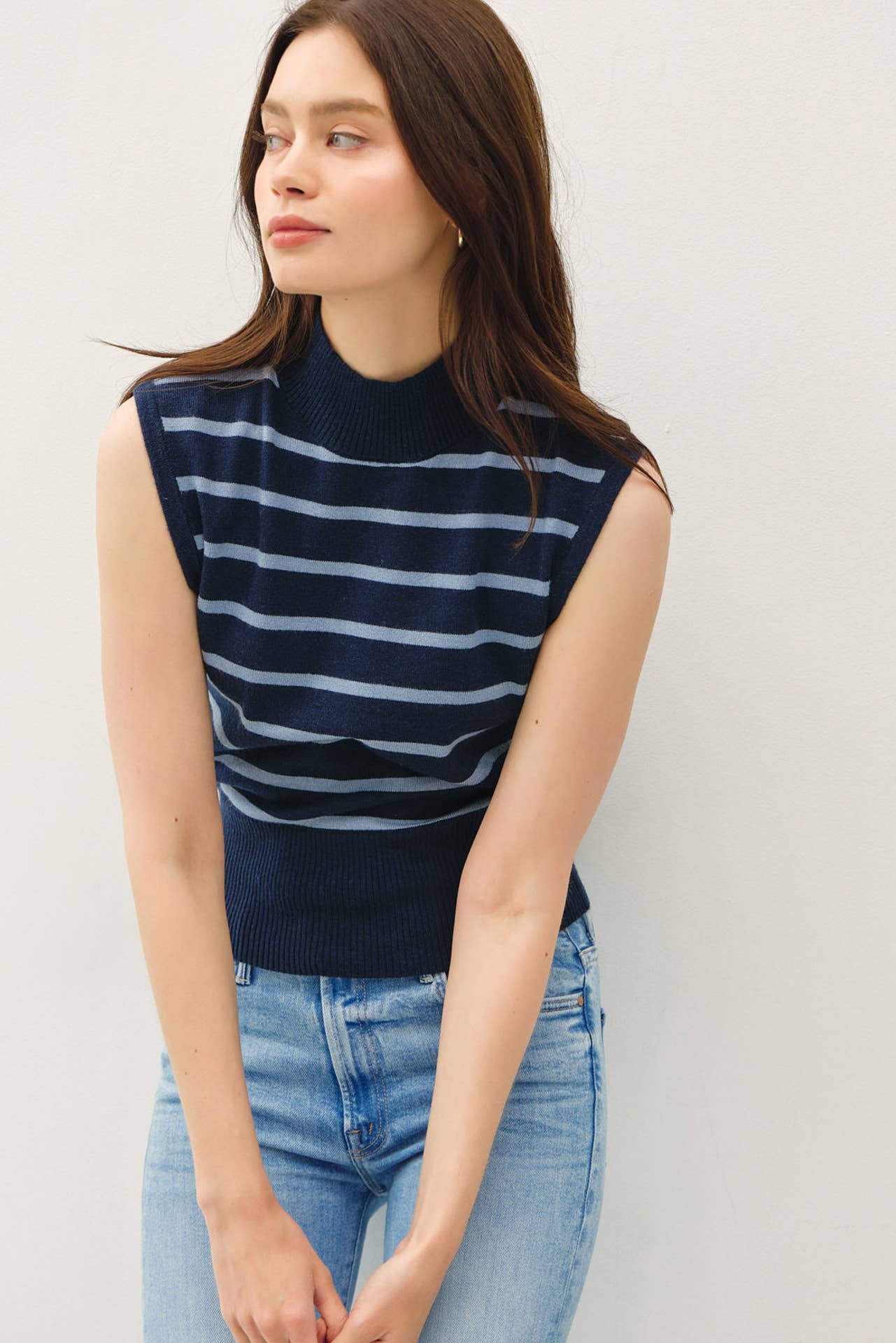 Striped Mock Neck Sweater Tank Denim Blue