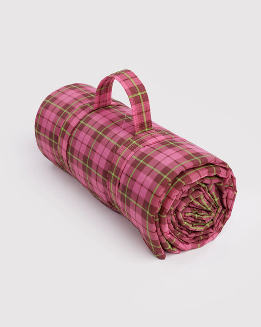 Azalea Pink Tartan Baggu Puffy Picnic Blanket
