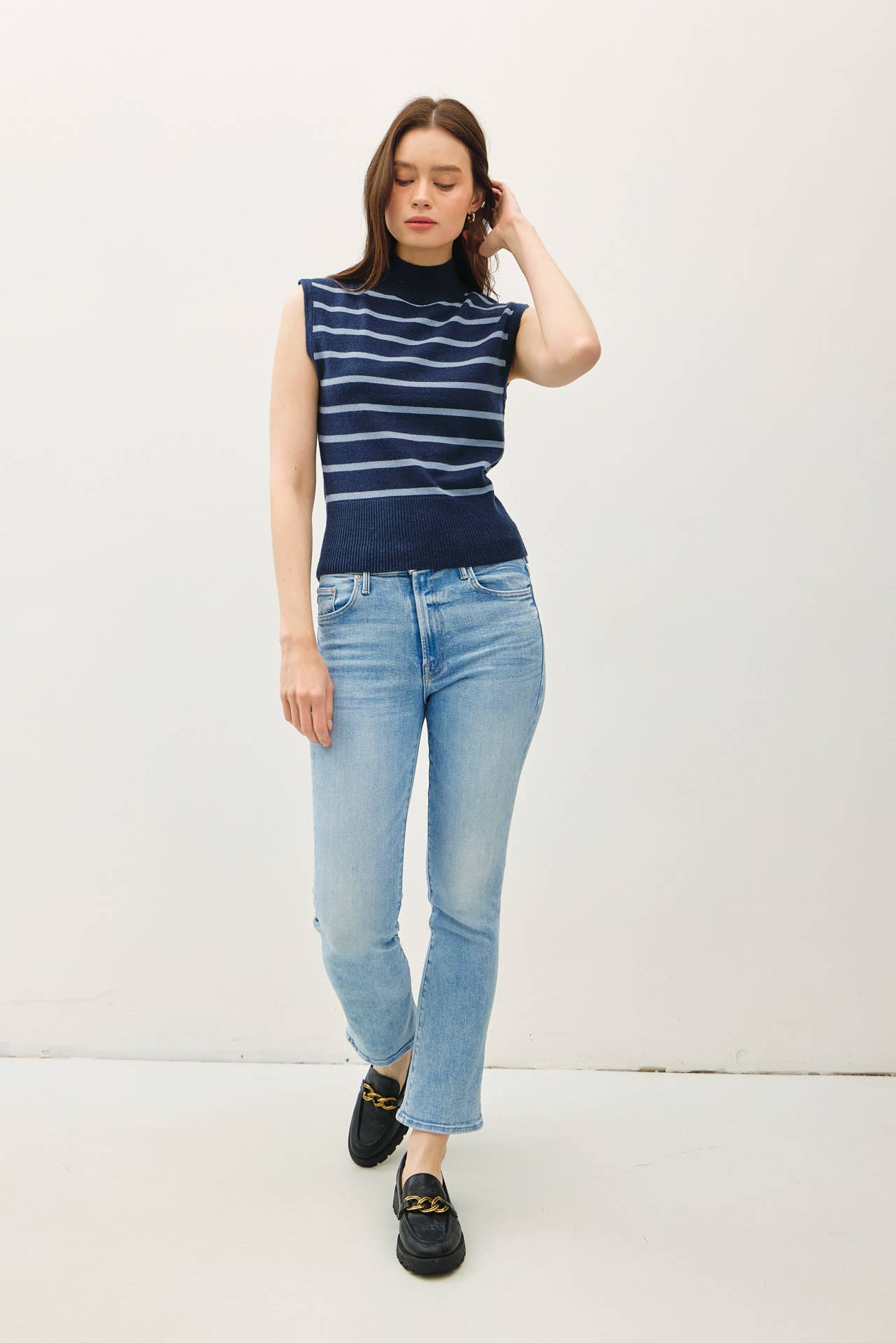 Striped Mock Neck Sweater Tank Denim Blue