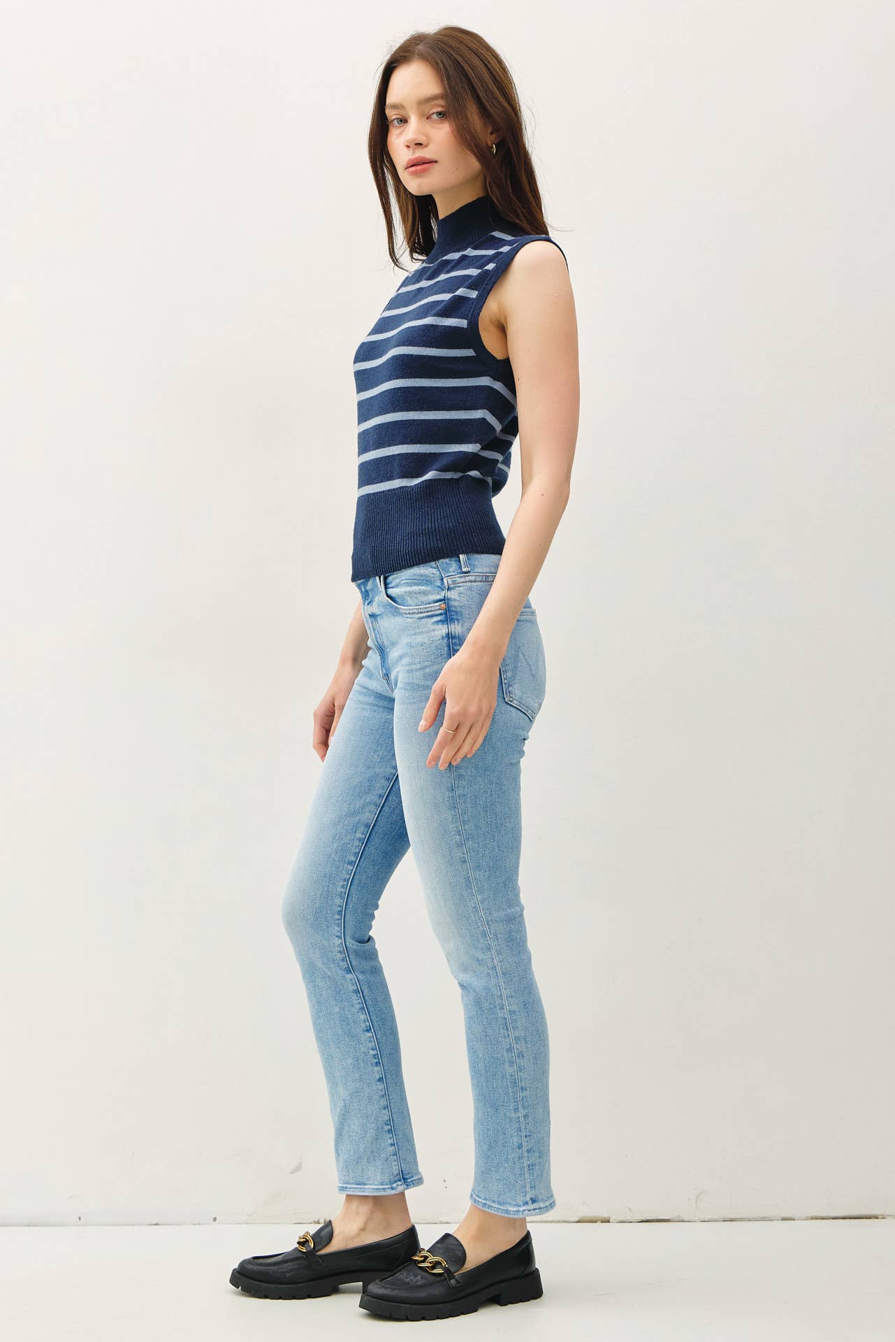 Striped Mock Neck Sweater Tank Denim Blue