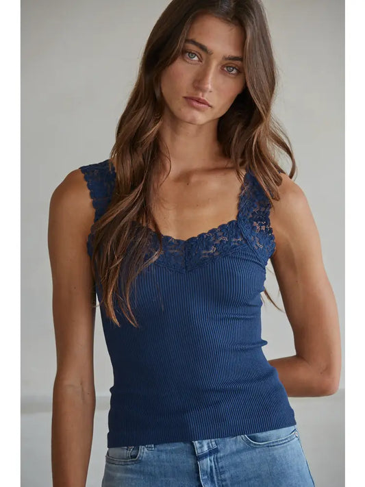 Ribbed Tank Top with Lace Trim