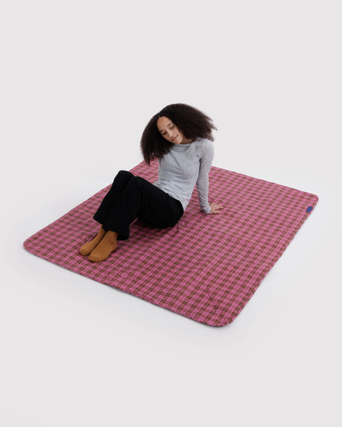 Azalea Pink Tartan Baggu Puffy Picnic Blanket
