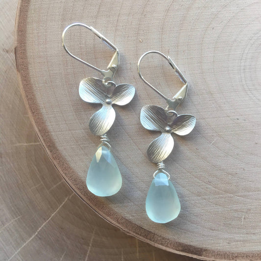 Silver Magnolia Flower and Gemstone Earrings