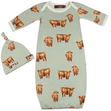 Load image into Gallery viewer, Highland Cow Bamboo Newborn Hat &amp; Gown Set