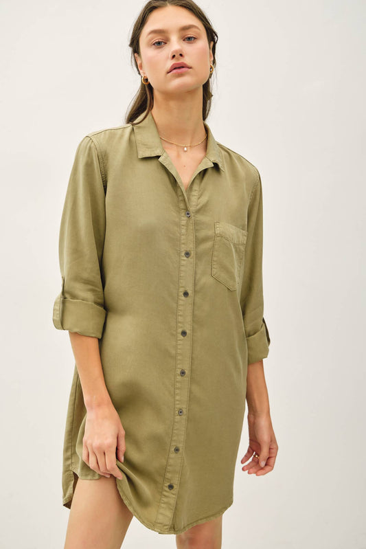 Tencel Roll Sleeve High Low Shirt Dress