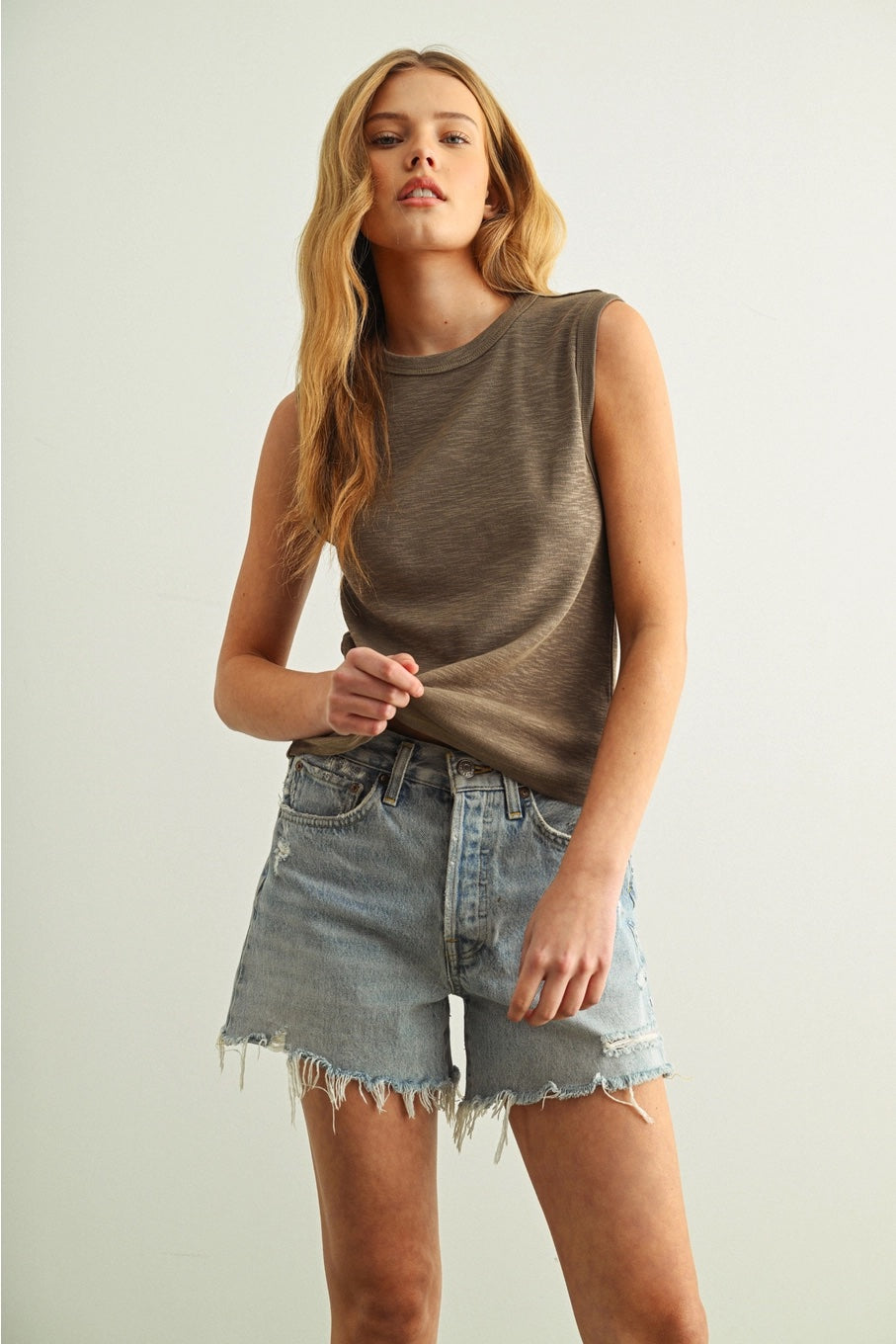 Sleeveless Cotton Top in Olive