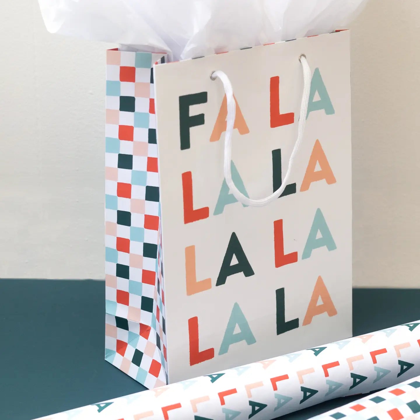 Fa La La & Checkered Holiday Gift Bag