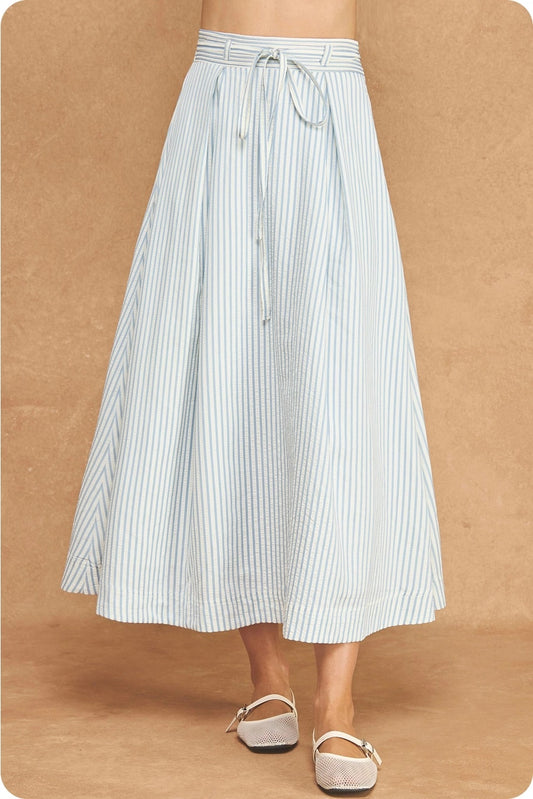 Striped A-Line Seersucker Pleat Midi Skirt