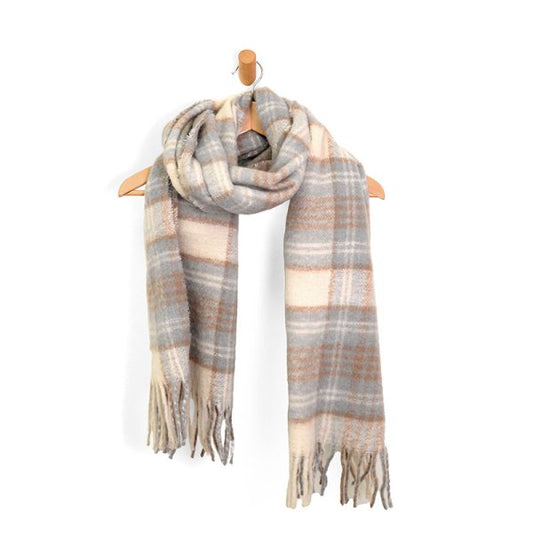 Soft Neutral Tartan Plaid Fringe Scarf