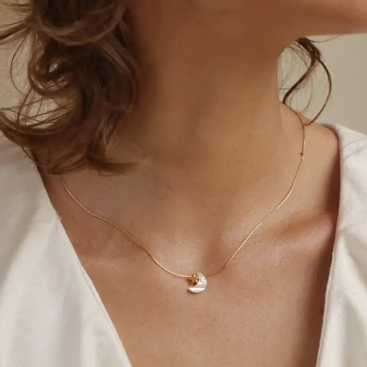 Mother Of Pearl Moon + Star Necklace