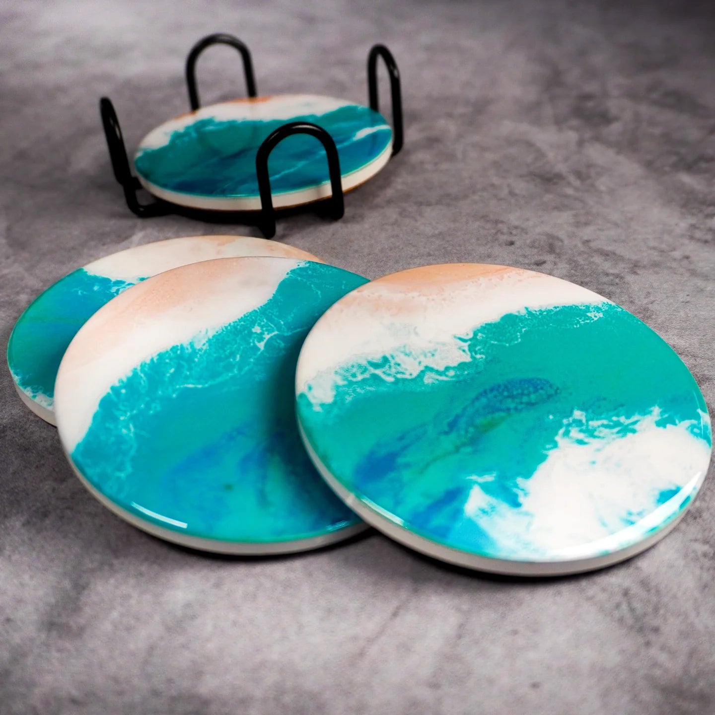 Caribbean Blue Ceramic & Resin Coaster Set