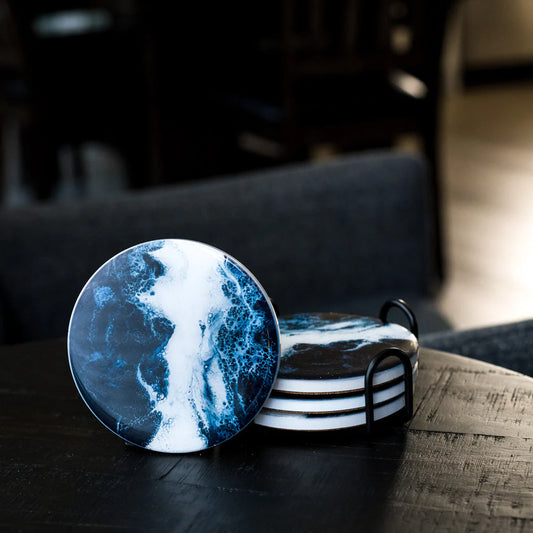 Navy White Metallic Ceramic & Resin Coaster Set