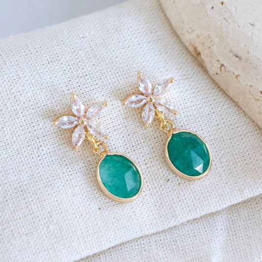 Flower and Green Stone Earrings