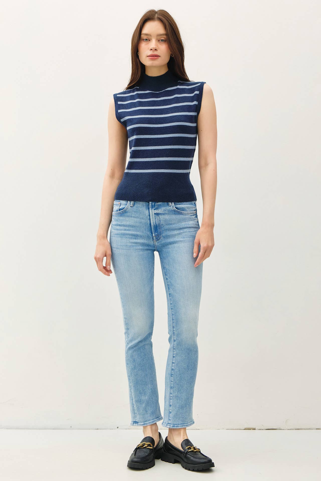 Striped Mock Neck Sweater Tank Denim Blue