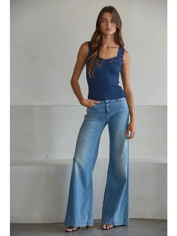 Ribbed Tank Top with Lace Trim