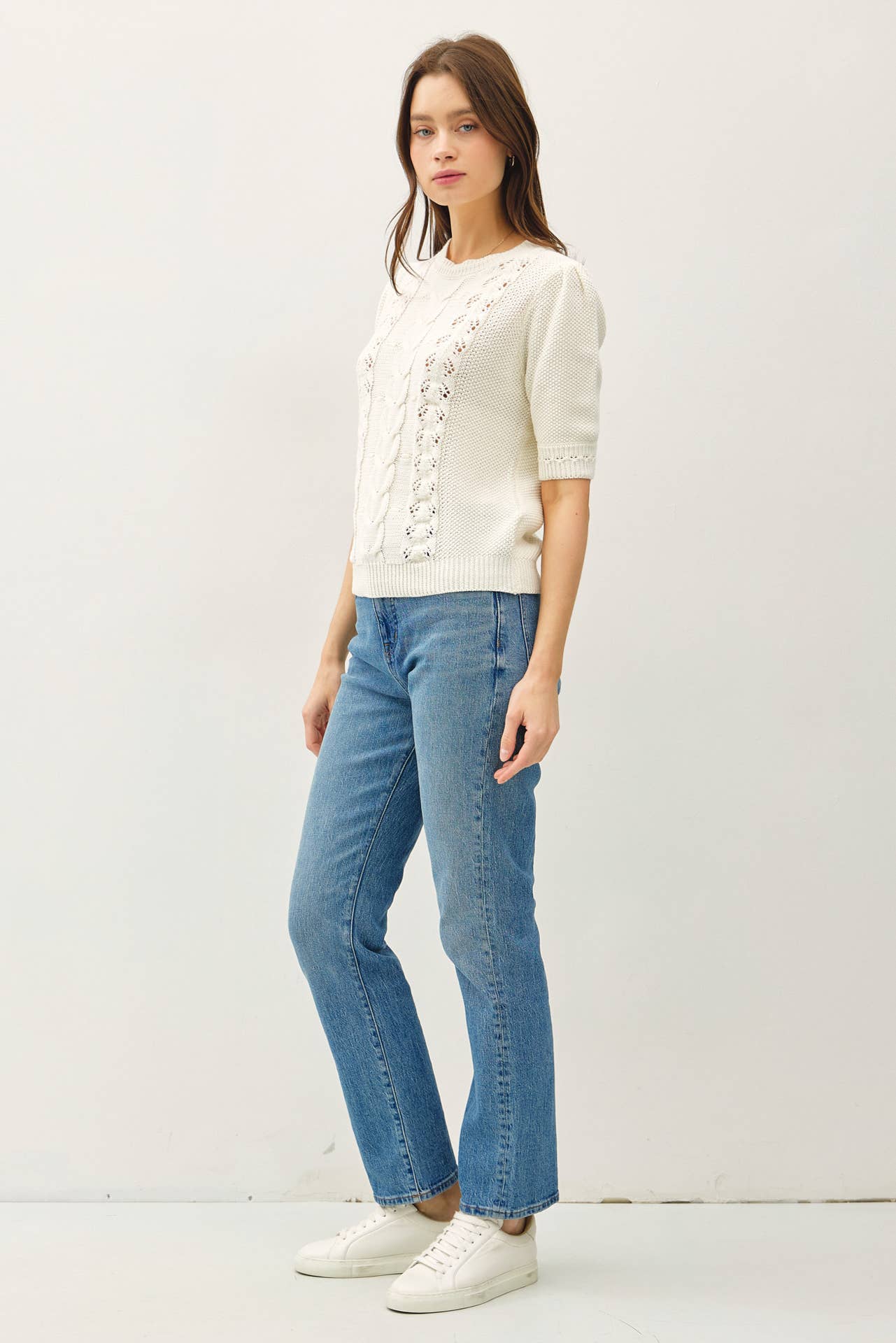 Short Sleeve Puff Cable Knit Sweater