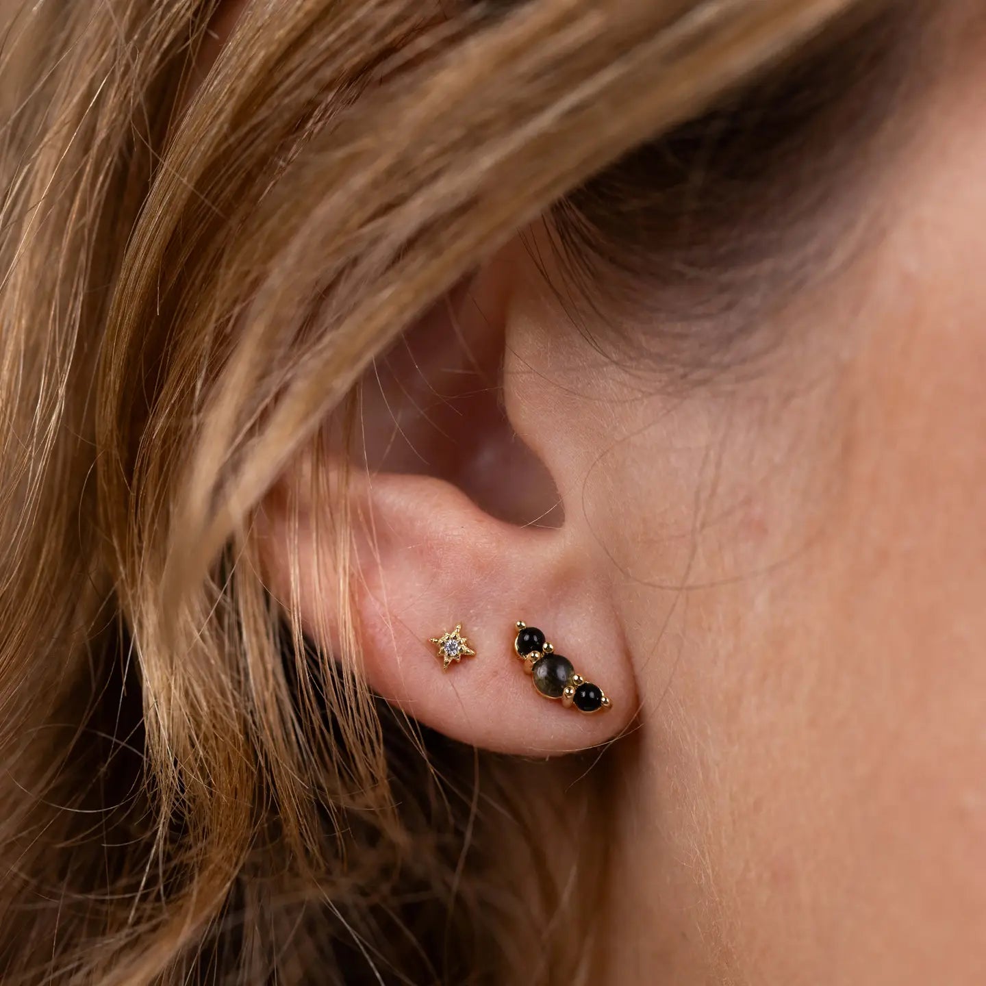 Black Tourmaline Crescent Gold Earrings