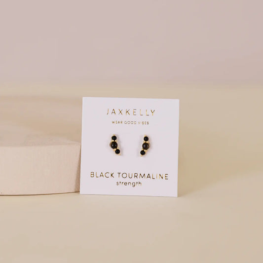 Black Tourmaline Crescent Gold Earrings
