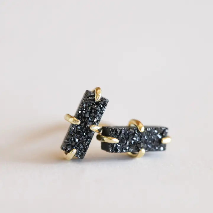 Black Druzy Bar Stud Earrings