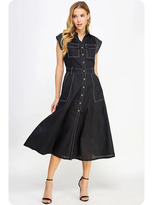 Top-Stitch Linen Midi Dress