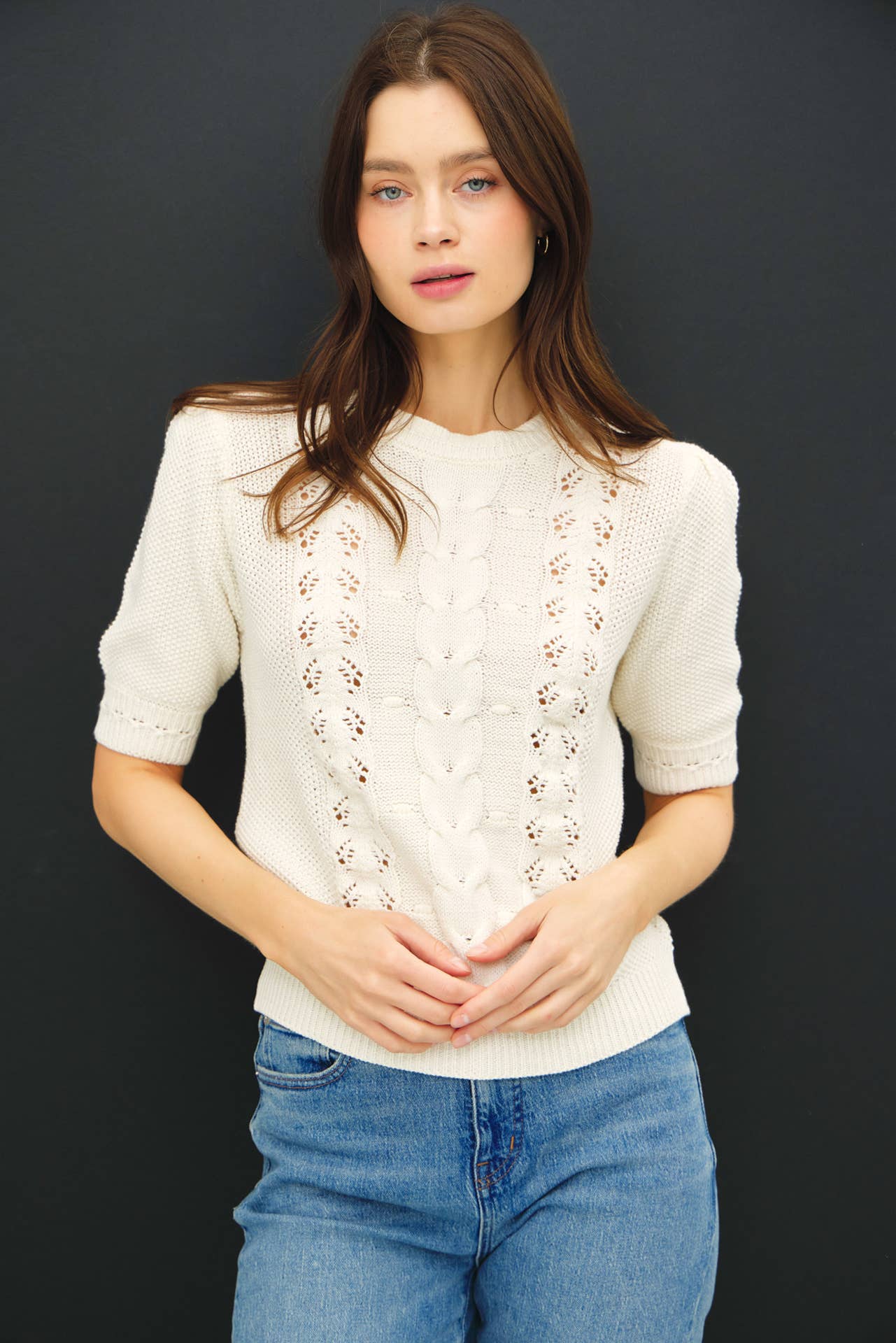 Short Sleeve Puff Cable Knit Sweater