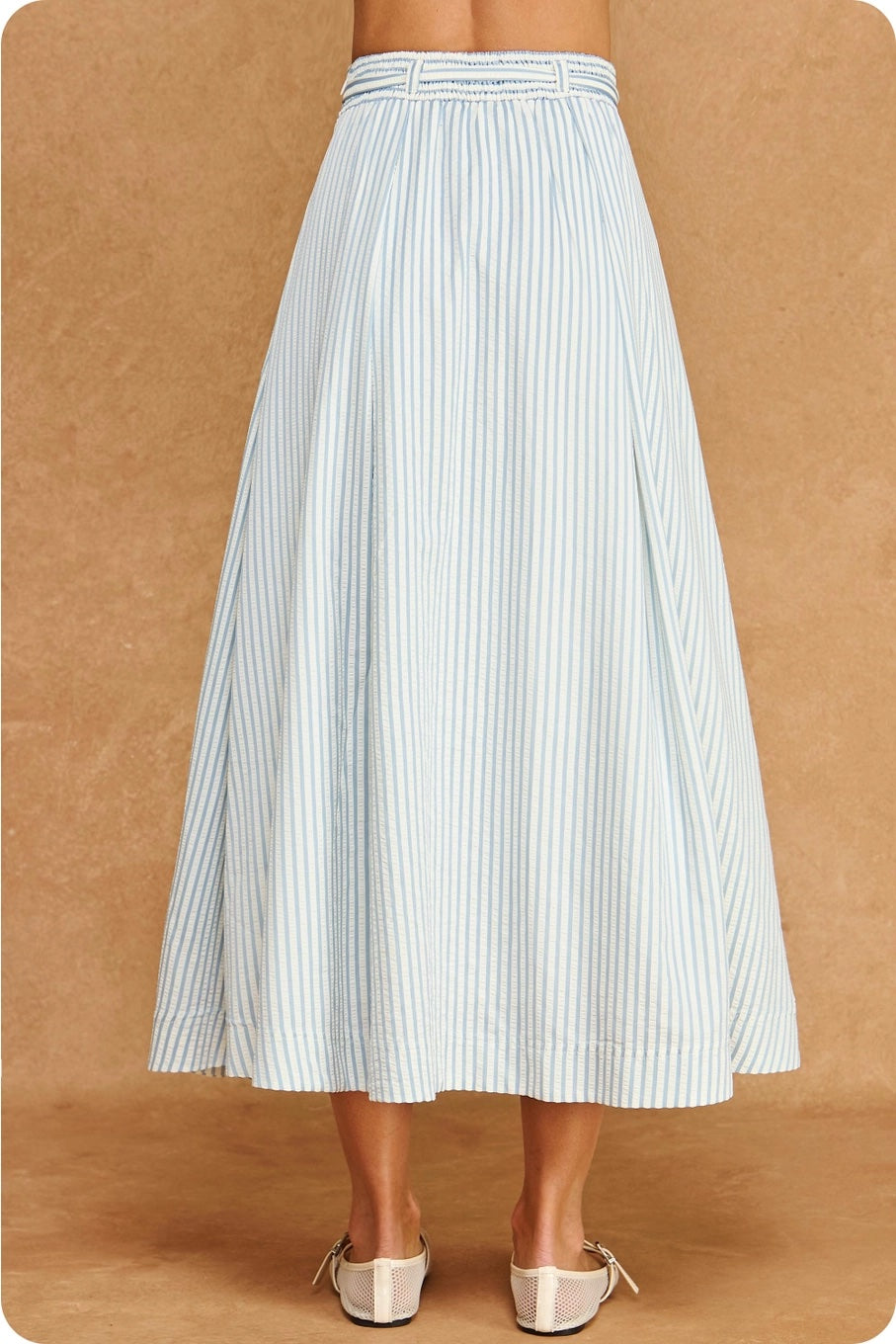 Striped A-Line Seersucker Pleat Midi Skirt