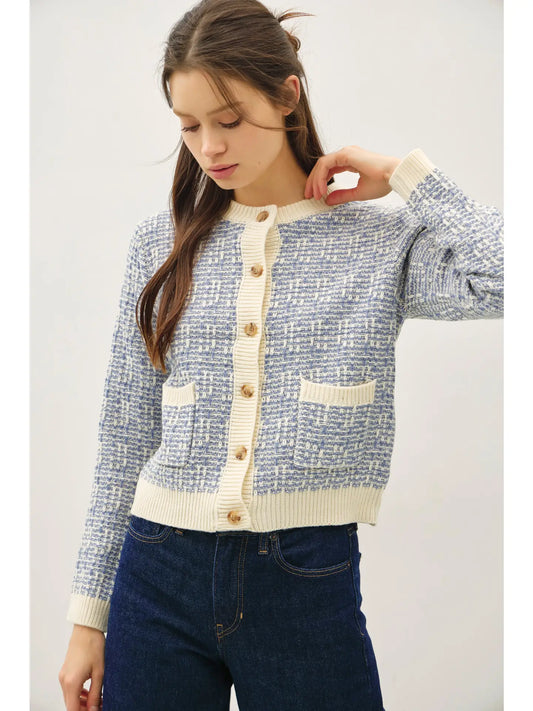 Tweed Knit Crewneck Cardigan