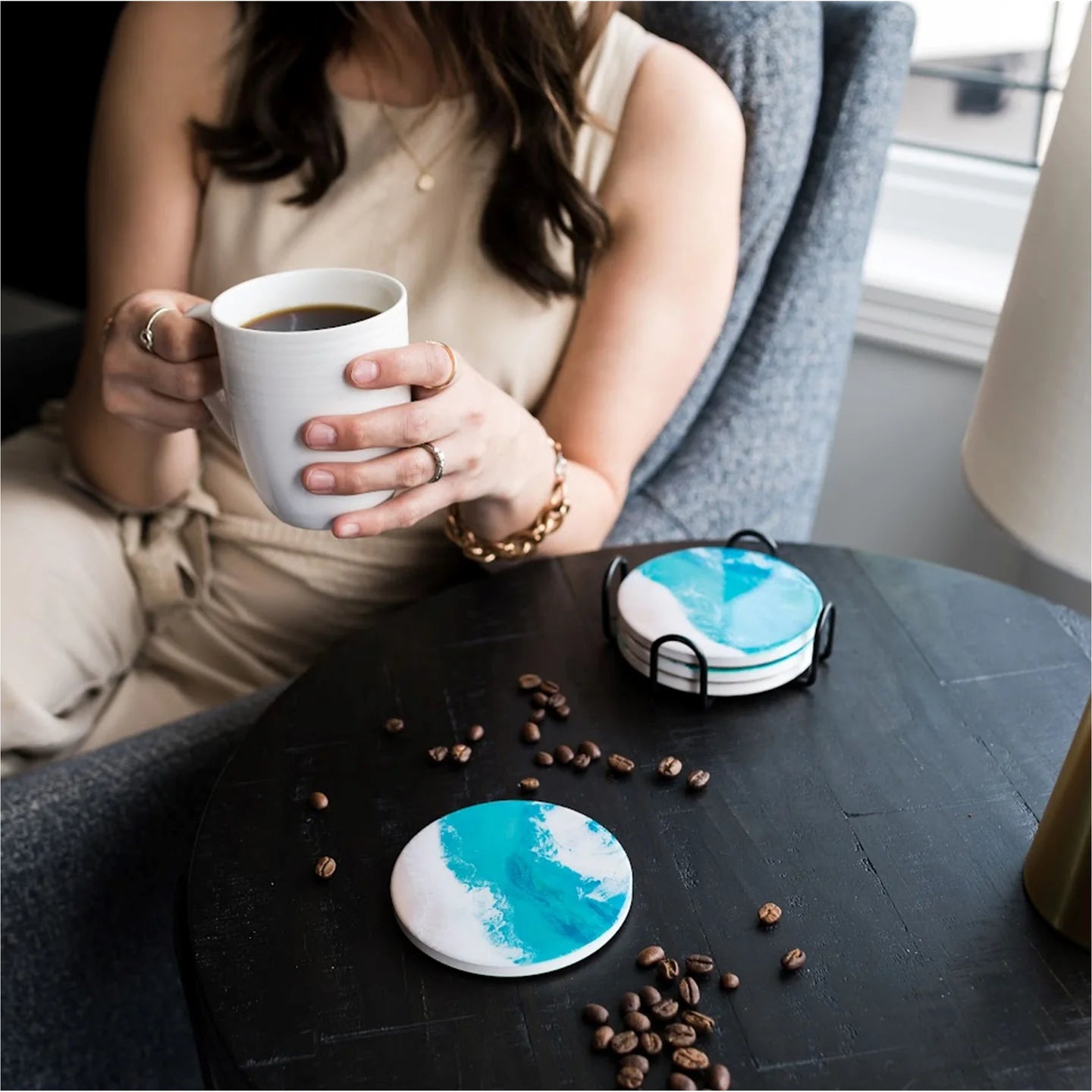 Caribbean Blue Ceramic & Resin Coaster Set - Thumbnail 2