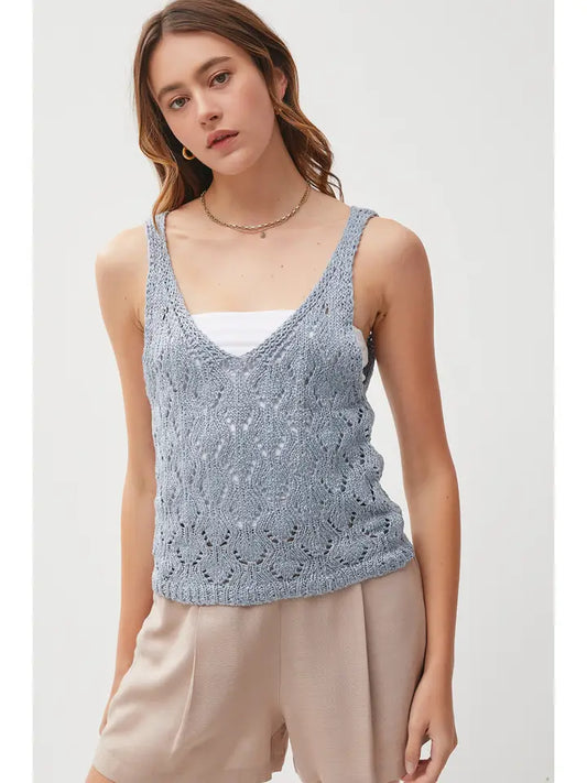 Crochet V-Neck Pointelle Knit Tank