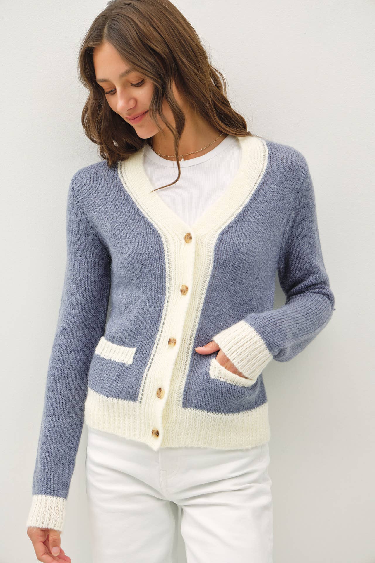 Two Tone Varsity Style Button Up Cardigan Denim Blue