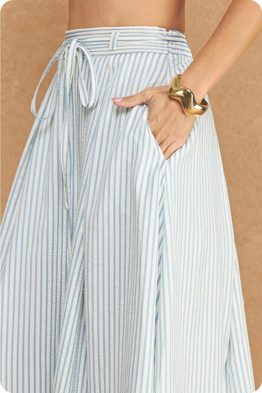 Striped A-Line Seersucker Pleat Midi Skirt