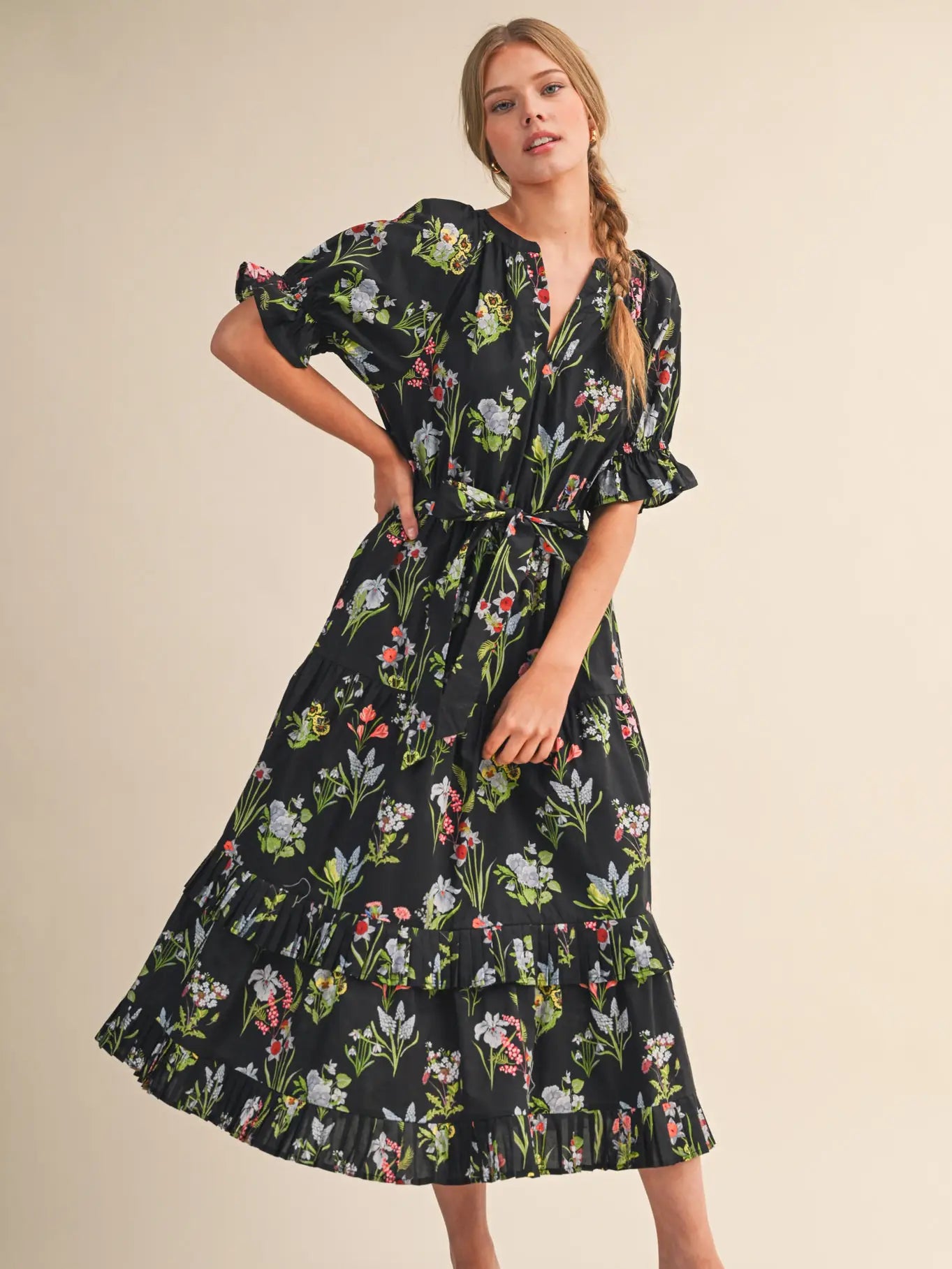 Floral Print Belted Midi Dress