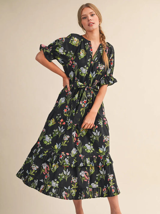Floral Print Belted Midi Dress